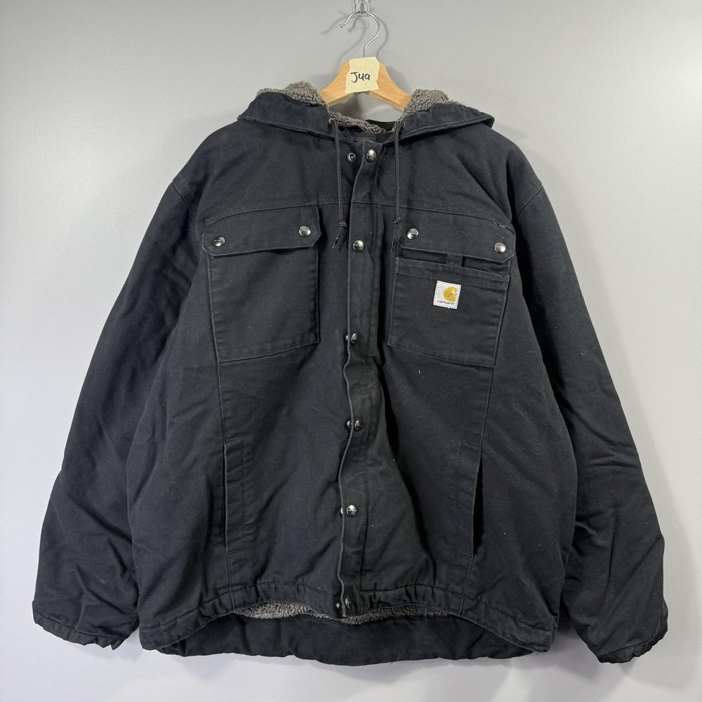 Carhartt Jacket Mens XL Black Sherpa Lined Hooded Canvas Workwear Insulated